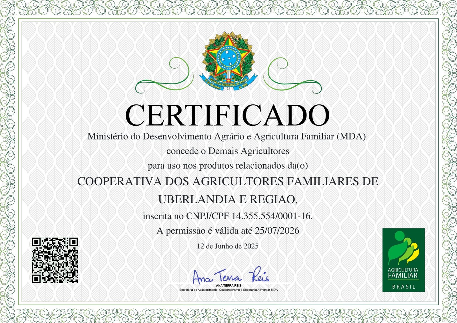 Certificado Agricultura Familiar MDA COOPERAF